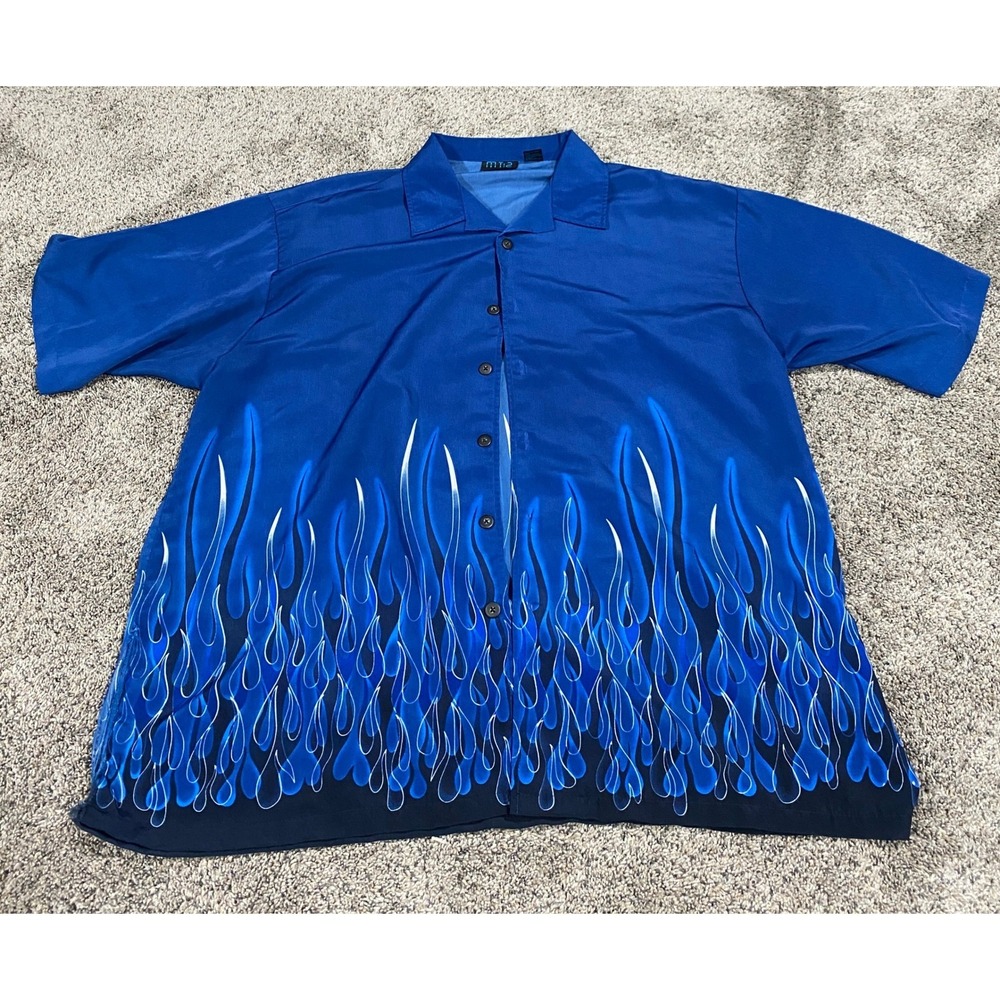 MT:2 Button Up Shirt Blue Flame Graphic Y2K Camp Top 3XL